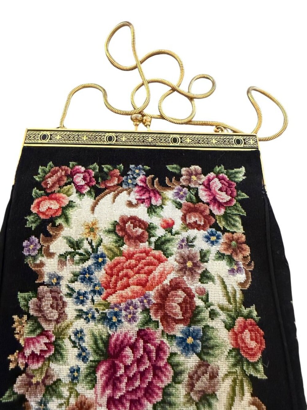 Vintage Womens Tapestry Needlepoint Clutch Purse Gold Tone Floral Cottage core - Picture 11 of 14